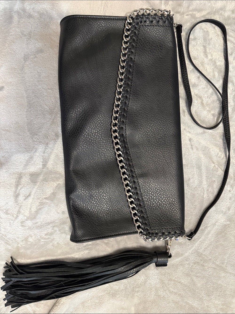 Carlos Santana Chain-Trim Black Leather Clutch/Crossbody Bag with Leather Tassel